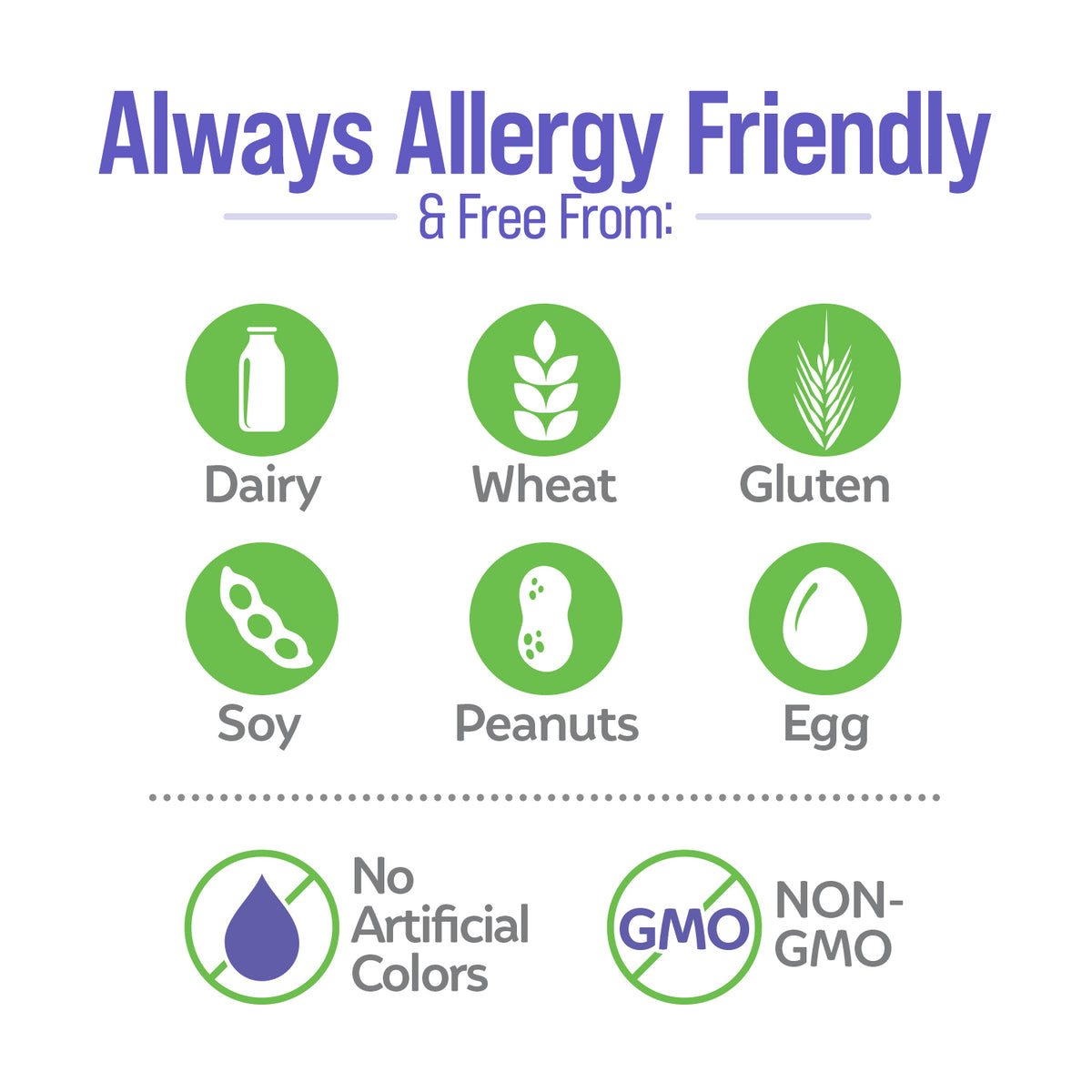 Allergy friendly free from dairy, wheat, gluten, soy, peanuts and eggs. No artificial colors and non-gmo