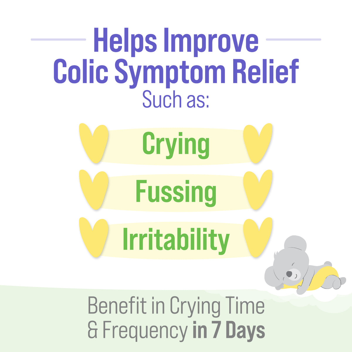 helps improve colic symptom relief such as crying fussing and irritability. Benefit in crying time and frequency in 7 days