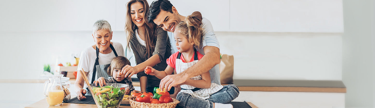 happy family making dinner salad